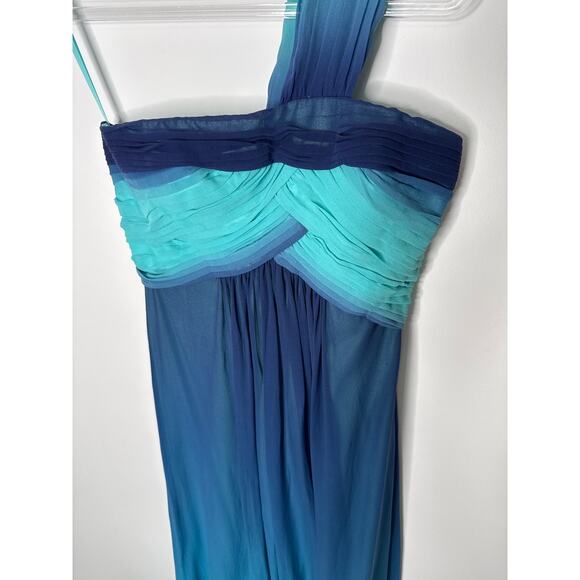 2000s BCBG Max Azria Teal Blue Ombre One-Shoulder Chiffon Evening Gown – Size 0 - Picture 4 of 12